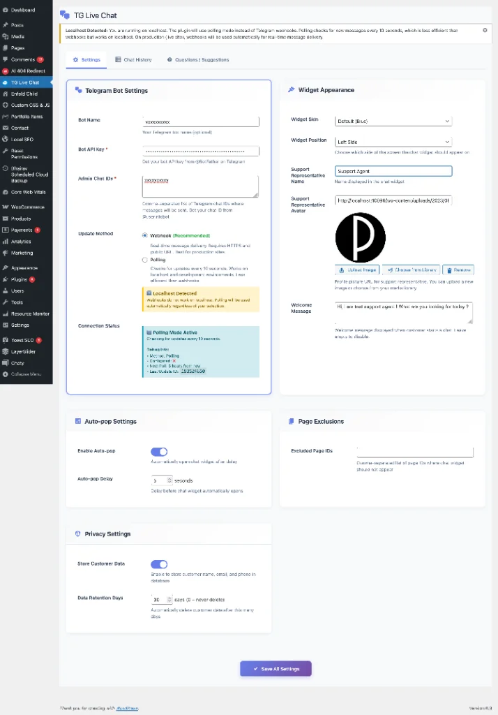 TG Live Chat Settings Page